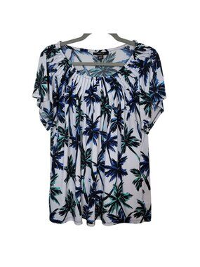 Style & Co. Palm Tree Print Blouse Shirt Pleated Neckline Short Sleeves Sz XL